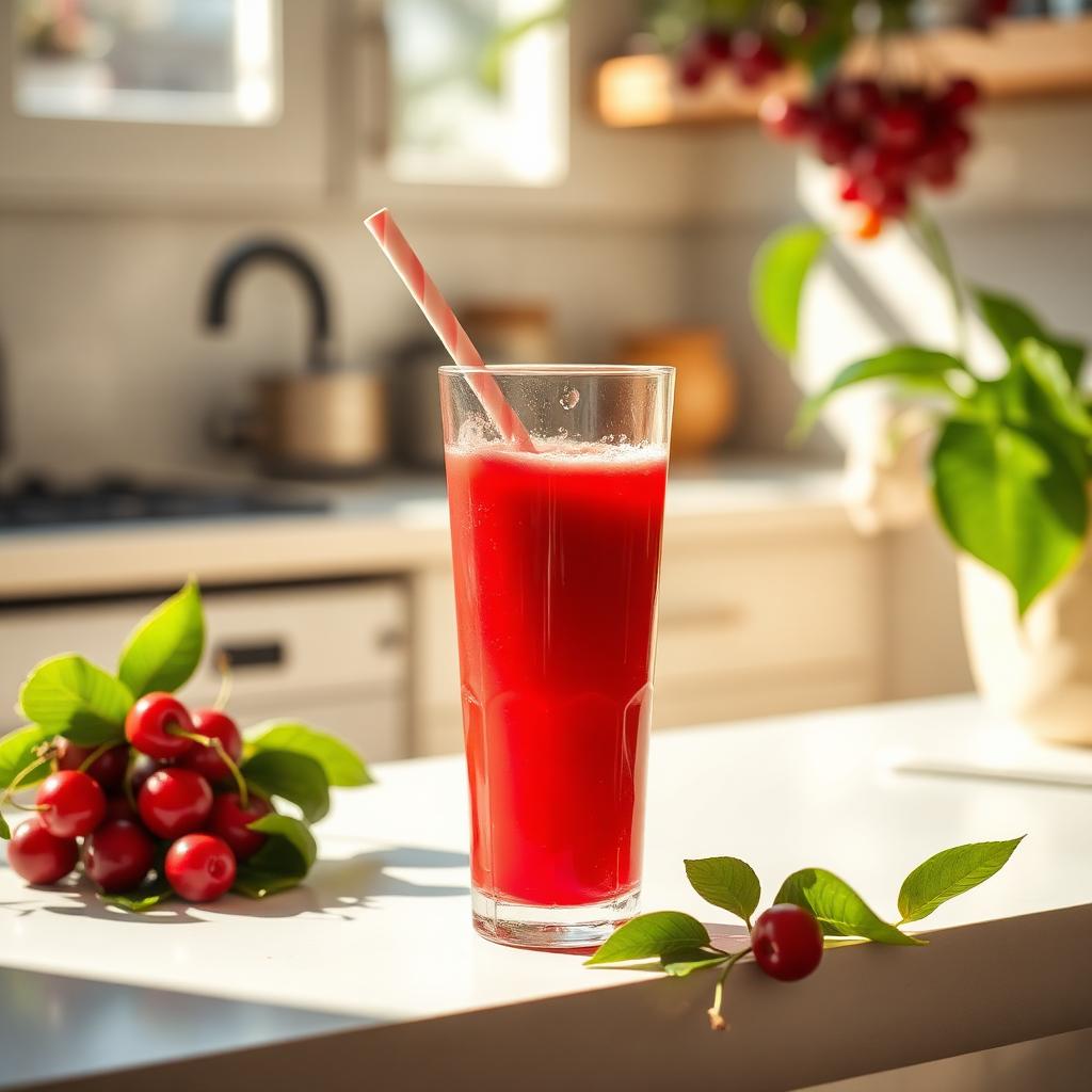 Jus d'acérola vitamine C CureFood servi dans une cuisine lumineuse
