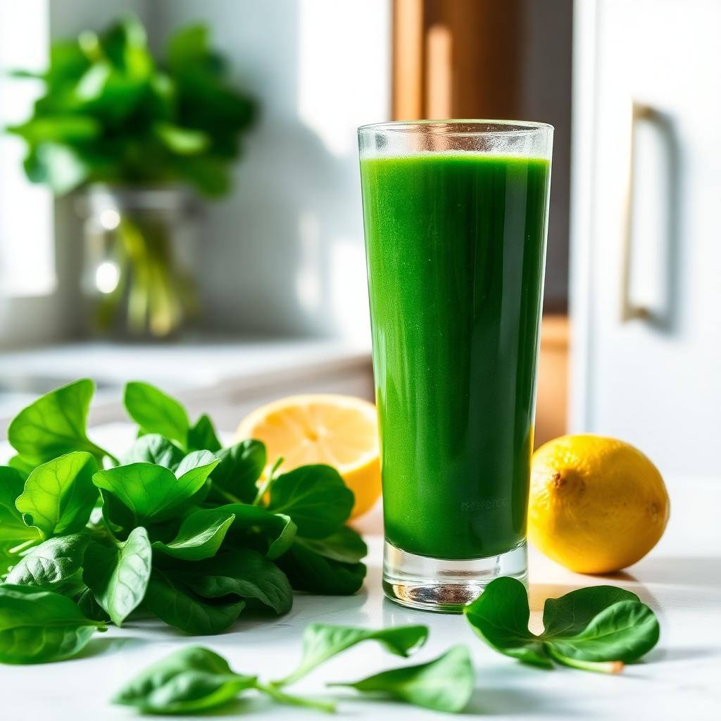 Jus vert détox chlorella CureFood servi dans une cuisine lumineuse