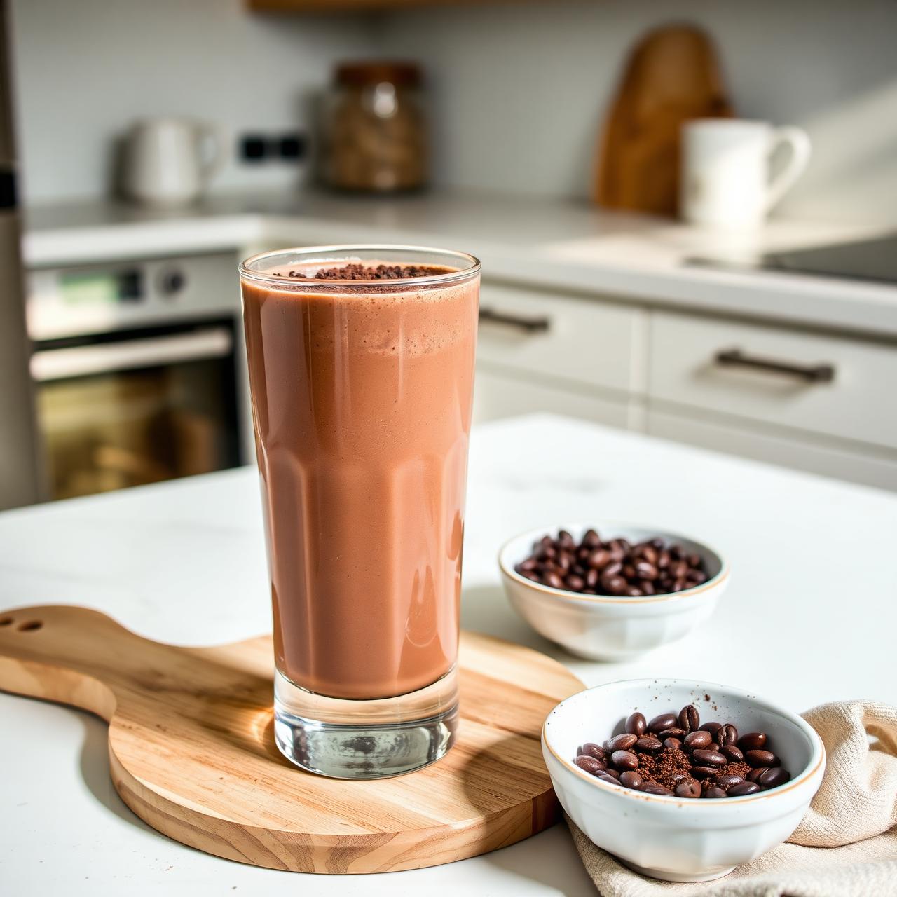 Shake protéine chocolat CureFood servi dans une cuisine ensoleillée