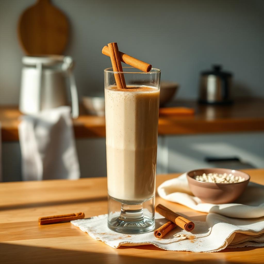 Shake protéine cannelle CureFood servi dans une cuisine ensoleillée