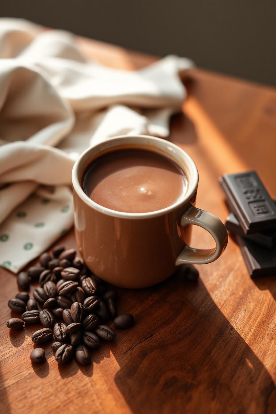 Chocolat chaud cacao cru CureFood servi dans une cuisine lumineuse