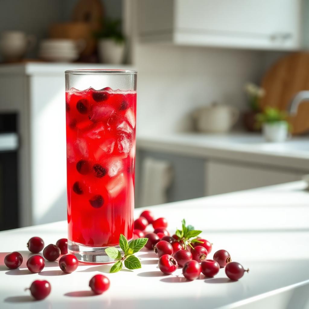 Jus de cranberry CureFood servi dans une cuisine lumineuse