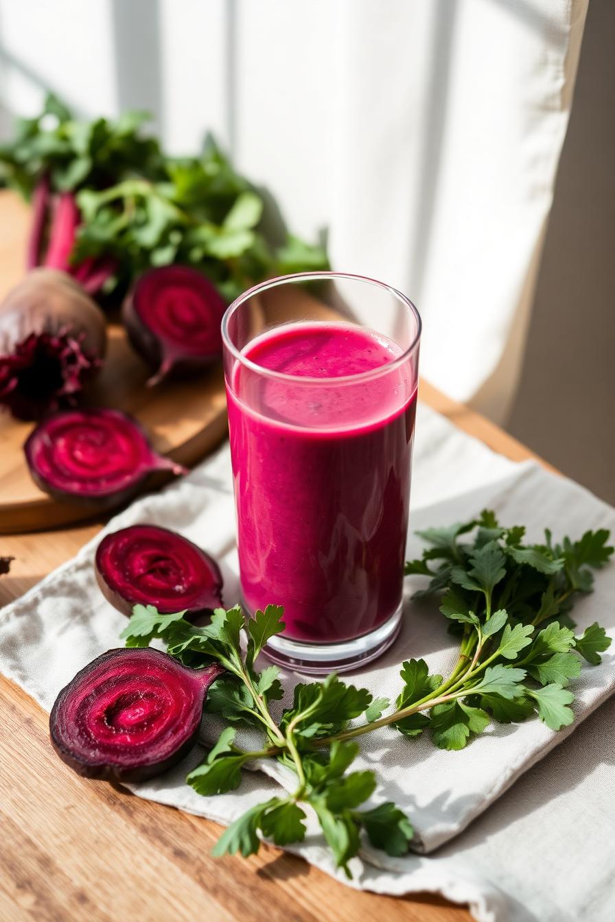 Smoothie betterave CureFood servi dans une cuisine lumineuse