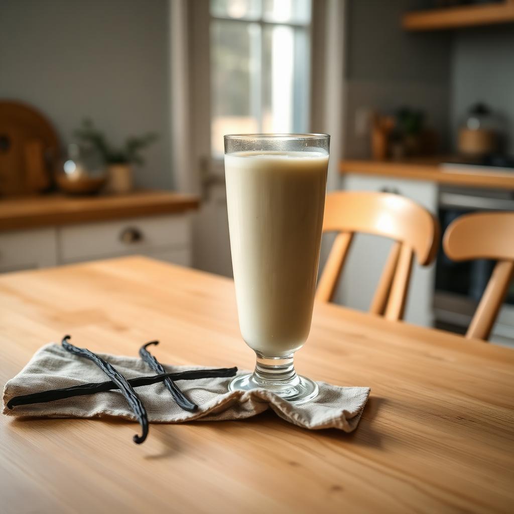 Shake protéine vanille CureFood servi dans une cuisine ensoleillée
